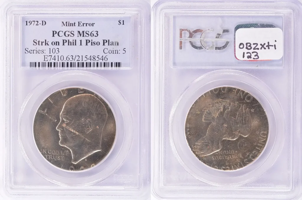 $1 1972-D Eisenhower dollar struck on a Philippine 1 piso planchet